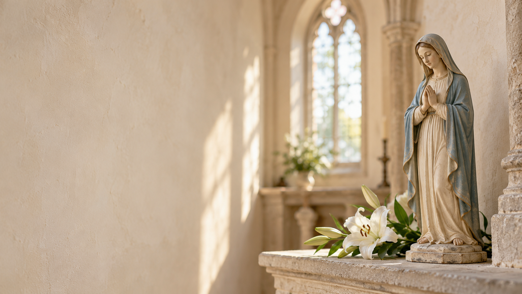 A peaceful chapel still life with an ivory statue of Our Lady and white lilies